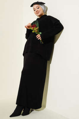 Pazarium - Yelekli Jile Elbise Triko İkili Takım Siyah