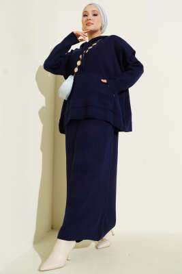 Pazarium - Yelekli Jile Elbise Triko İkili Takım Lacivert