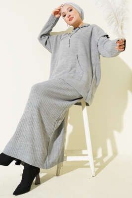 Pazarium - Yelekli Jile Elbise Triko İkili Takım Gri