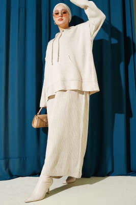 Pazarium - Yelekli Jile Elbise Triko İkili Takım Bej