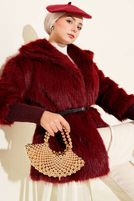 Pazarium - Bilek Ribanalı Kürklü Mont Bordo