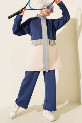 Pazarium - Cep Kapak Detaylı Scuba İkili Takım Lacivert