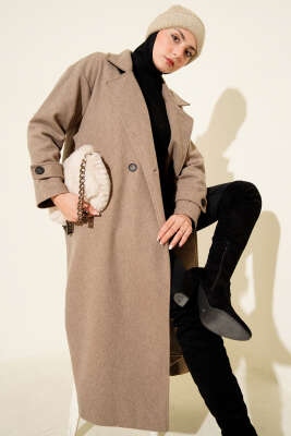 Kruvaze Yaka Uzun Kaşe Kaban Vizon - Thumbnail