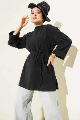 Pazarium - İp Bağlamalı Fitilli Kaşe Tunik Antrasit