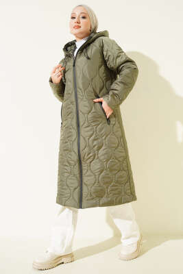 Pazarium - Kapitone Fermuarlı Kapüşonlu Mont Haki