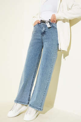 Kuşaklı Geniş Paça Kot Pantolon Açık Kar - Thumbnail