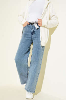 Kuşaklı Geniş Paça Kot Pantolon Açık Kar - Thumbnail