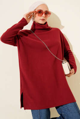 Pazarium - Boğazlı Fitilli Kaşe Tunik Kırmızı