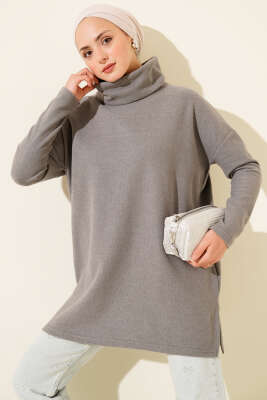 Pazarium - Boğazlı Fitilli Kaşe Tunik Gri