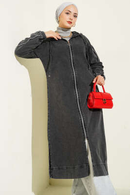 Pazarium - Kapüşonlu Fermuarlı Kot Kap Füme