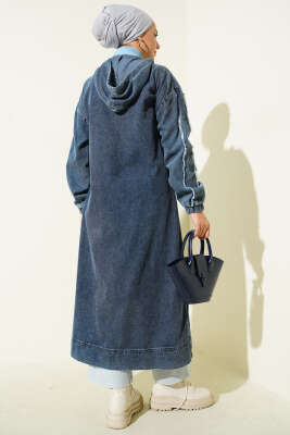 Kapüşonlu Fermuarlı Kot Kap Koyu Mavi - Thumbnail