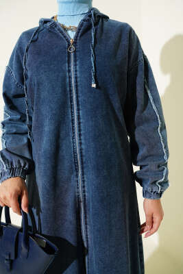 Kapüşonlu Fermuarlı Kot Kap Koyu Mavi - Thumbnail