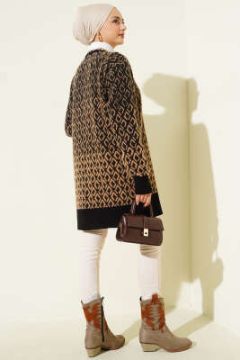 Baklava Desen Sakallı Düğmeli Triko Hırka Siyah Camel - Thumbnail