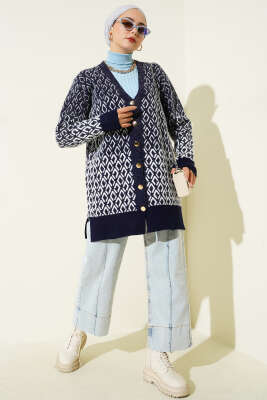 Baklava Desen Sakallı Düğmeli Triko Hırka Lacivert - Thumbnail