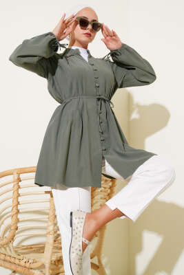 Brit Düğmeli Pileli Tensel Gömlek Çağla Yeşili - Thumbnail