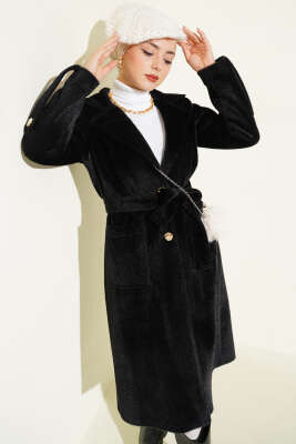 Pazarium - Bilek Apoletli Kuşaklı Tay Tüyü Kaban Siyah