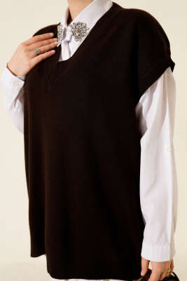 V Yaka Basic Triko Süveter Kahve - Thumbnail