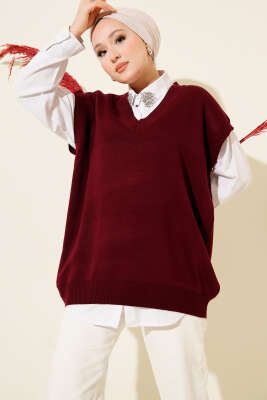 V Yaka Basic Triko Süveter Bordo - Thumbnail