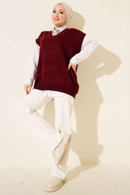 V Yaka Basic Triko Süveter Bordo - Thumbnail