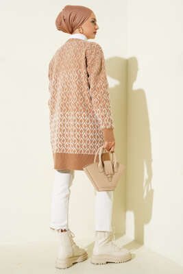 Baklava Desen Sakallı Düğmeli Triko Hırka Latte - Thumbnail