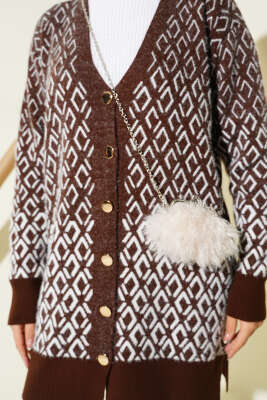 Baklava Desen Sakallı Düğmeli Triko Hırka Kahve - Thumbnail