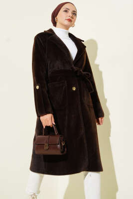 Pazarium - Bilek Apoletli Kuşaklı Tay Tüyü Kaban Kahve