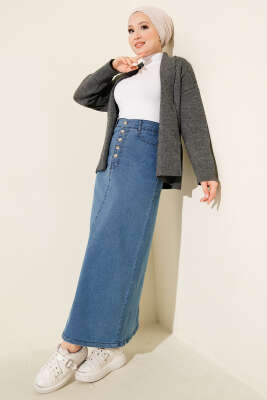 Beş Düğmeli Kot Etek Mavi - Thumbnail