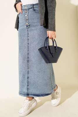 Beş Düğmeli Kot Etek Kot Mavi - Thumbnail