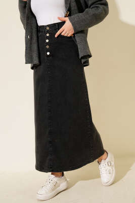 Pazarium - Beş Düğmeli Kot Etek Füme