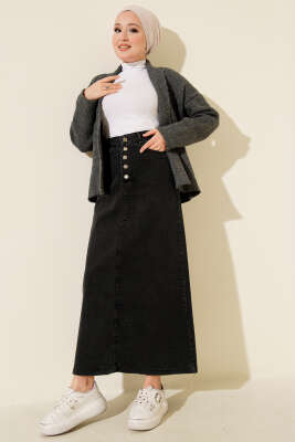 Beş Düğmeli Kot Etek Füme - Thumbnail