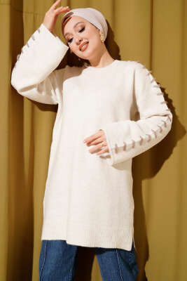 Pazarium - Kol Bağcık Detaylı Triko Tunik Taş