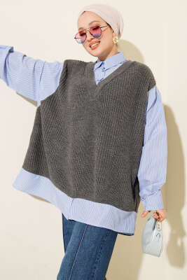 Gömlek Yaka Çizgili Triko Tunik Füme - Thumbnail