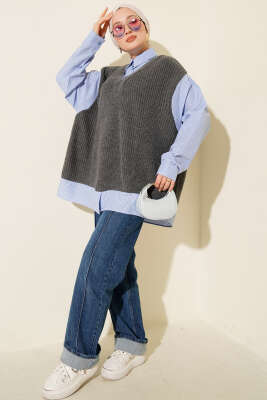 Gömlek Yaka Çizgili Triko Tunik Füme - Thumbnail