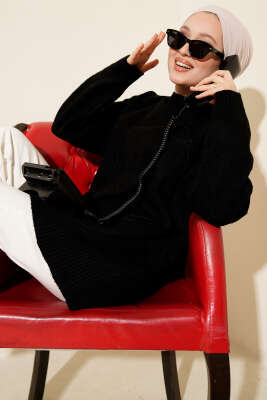 Pazarium - Fiyonklu Yumoş Triko Tunik Siyah