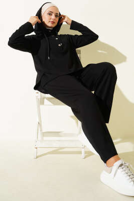 Pazarium - Yaka Çıtçıtlı Kapüşonlu İkili Takım Siyah