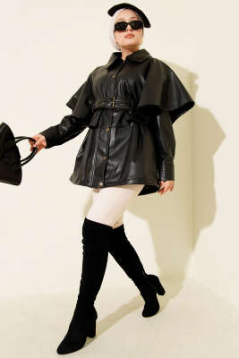 Pelerinli Kemerli Deri Ceket Siyah - Thumbnail