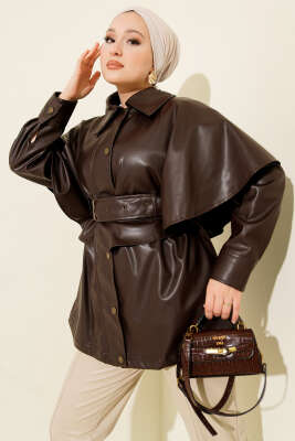 Pazarium - Pelerinli Kemerli Deri Ceket Kahve