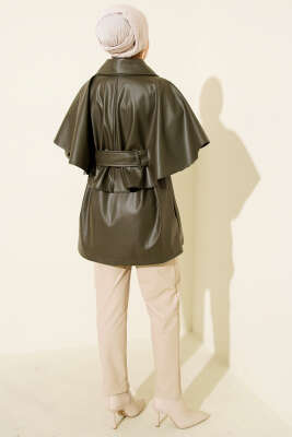 Pelerinli Kemerli Deri Ceket Haki - Thumbnail