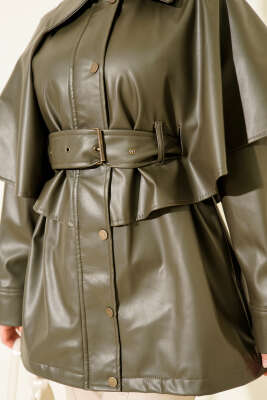 Pelerinli Kemerli Deri Ceket Haki - Thumbnail