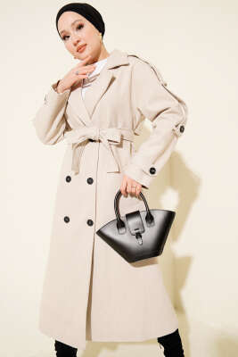 Kuşaklı Düğme Detaylı Kaşe Kaban Taş - Thumbnail