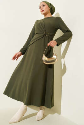 Pazarium - Gold Tokalı Fitilli Elbise Haki