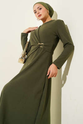 Gold Tokalı Fitilli Elbise Haki - Thumbnail