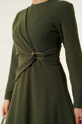 Gold Tokalı Fitilli Elbise Haki - Thumbnail