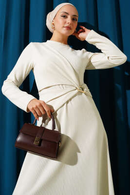 Gold Tokalı Fitilli Elbise Ekru - Thumbnail