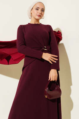 Gold Tokalı Fitilli Elbise Bordo - Thumbnail