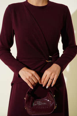 Gold Tokalı Fitilli Elbise Bordo - Thumbnail