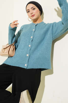 Taş Düğmeli Yumoş Triko Kısa Hırka Mint - Thumbnail