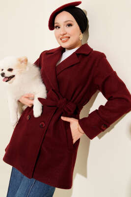 Pazarium - Kuşaklı Kruvaze Yaka Kısa Kaşe Kaban Bordo