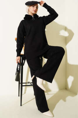 Yaka Kürklü Fermuarlı Triko İkili Takım Siyah - Thumbnail