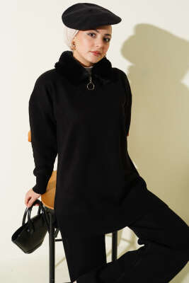 Yaka Kürklü Fermuarlı Triko İkili Takım Siyah - Thumbnail